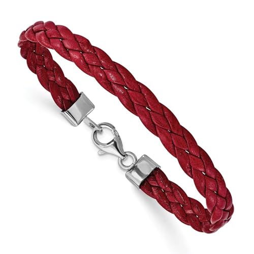 925 Sterling Silver Rhodium Plated Red Braided Leather Bracelet 7
