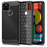 Qiinogow Case Compatible with Google Pixel 5, Slim Fit Phone Cover with Shock-Absorption, Carbon Fiber TPU Rubber Protective Case, Black