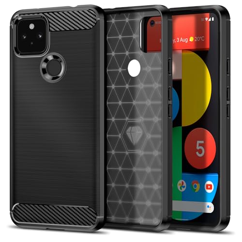 Qiinogow Case Compatible with Google Pixel 5, Slim Fit Phone Cover with Shock-Absorption, Carbon Fiber TPU Rubber Protective Case, Black