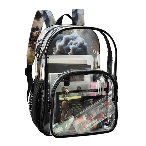 Old Steam Train Black Clear Backpack PVC Transparent Backpack Lightweight Book Bag Capacity Clear Bag for Kids Boys Girls2