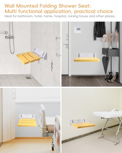 FreeTec Duschklappsitz Duschsitz Klappbar Wandmontage Belastbar bis 130kg Tragkraft Zusammenklappbar Duschhocker Dusche Sitzgelegenheit Stuhl Gelb