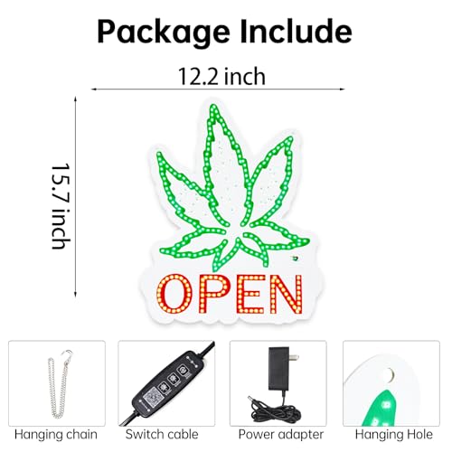 Image of Weed Open Neon Sign for Business - USB Powered LED Cannabis Leaf OPEN Sign with Dimmable Switch, Acrylic Wall Light for 420 Friendly Bar, Smoke Shop, Game Room, Party Decor