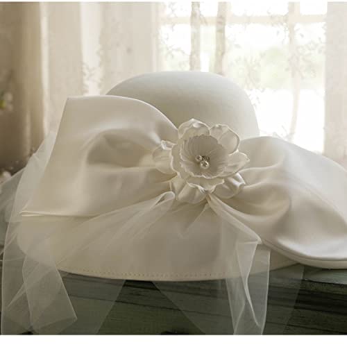 Cybling Women Hat Large Satin Wedding Hats Fairy White Mesh Bow Fedoras Elegant Ladies British Party Church Bucket Cap #TOP6