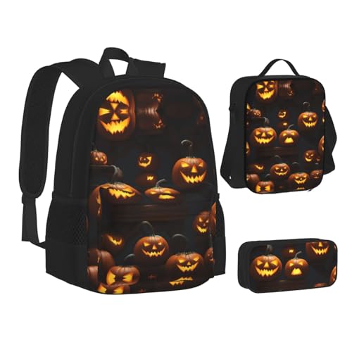 Halloween Pumpkin Print 3 Piece Set Backpack, Lunch Bag, Pencil Case, Cute Sturdy For College And Travel2