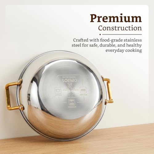 Image of Amazon Brand - Solimo Premium Triply Stainless Steel Kadhai 24cm (2.5L) | SS Lid | Even Heating | Gas & Induction Compatible | Dishwasher Safe | Food Safe SS 304 | Elegant Golden Handles | BIS Certified