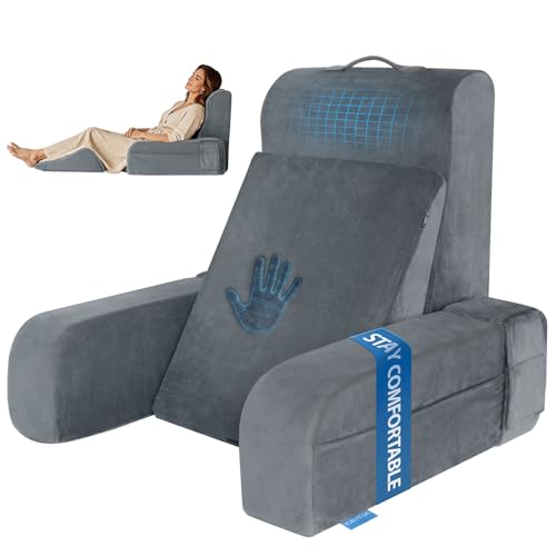 Kayfia Reading Pillow, 10 in 1 Back Pillow for Bed Sitting up with Detachable Arms Rest, Back Rest with Gel Memory Foam, Reading/Gaming/Working in Bed or Couch 19', Gray