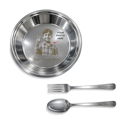 Image of Savri Personalized Kids Stainless Steel Dinner Plate - Customized Laser Photo & Name Engraved Round Plate, Spoon & Fork | Cute Cartoon Design | Baby,Toddler & Kids Gift for Birthday,Return & Daily Use