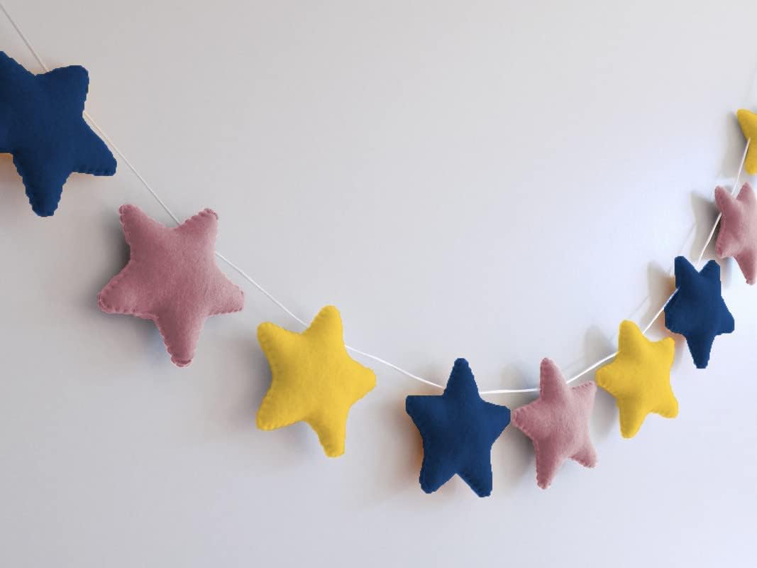 Velvet Fabric Star Bunting for Kids Room and Nursery - Wall Decoration Garland in Blue, Yellow, Purple (Pack of 1, 12 Stars, 99 CM)