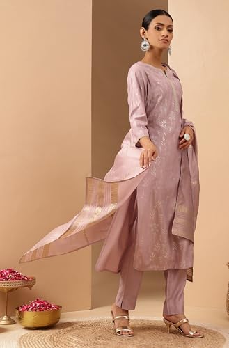 Image of Janasya Women's Lavender Silk Blend Embellished Gold Printed Straight Kurta Set