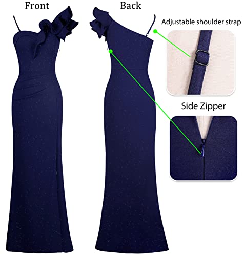 Image of VFSHOW Womens Ruffle One Shoulder Strap Ruched Formal Prom Wedding Maxi Dress V Neck Elegant Split Cocktail Evening Long Gown