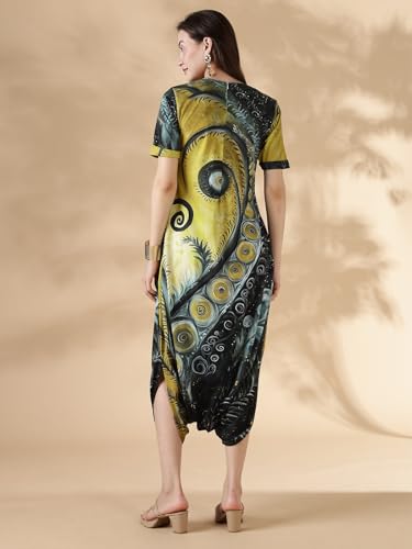 Image of HELLCAT Womens Floral Printed Olive Shoulder Straps Dress | Western A-Line V Neck Midi Dress for Womens