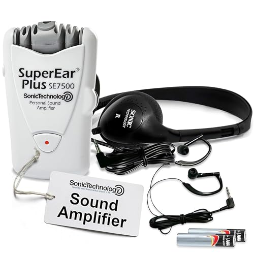 SuperEar Plus SE7500 Hearing Amplifier – Personal Sound Amplification Device with Protective Case, Over-Ear Headphones & Discreet Earbuds