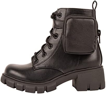 Kassie Daniela ~ Pouch ~ Kids Lug Sole Mid Shaft Chunky Heel Fashion Combat Lace up Bootie W/Side Zipper & Pouch Girl Boots (Black Pu, 13)