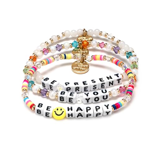 Little Words Project Handcrafted and Uniquely Designed Beaded Bracelets - Be Happy Stack - Set of 3 Bracelets - Be Happy Be Present Be You
