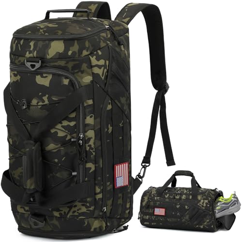 3-in-1 Tactical Gym & Travel Duffle Bag Backpack Men Multi-Functional 45L Military Sports Duffle Bag with Shoe Compartment & Wet Pocket for Workout Weekender Overnight Bag with Molle Webbing, Camo