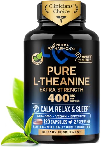 NUTRAHARMONY L-Theanine 400 mg Supplement for Stress Relief and Sleep Support, 120 Plant-Based Capsules