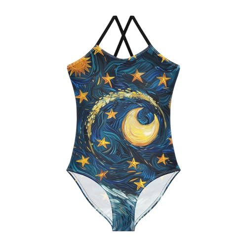 senya Girls Swimsuits Van Gogh Waves Starry Sky Moon One-Piece Swimwear Quick Dry Girls Bathing Suits for 3 Years Old