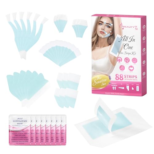 Beauty7 Wachsstreifen Kit für Körper und Gesicht Augenbrauen Oberlippen Hand Bein Bikini Fit Wax Strips enthaarungsstreifen vorgeschnitten 88stk 8stk Wachsentferner Tücher für sensible Haut