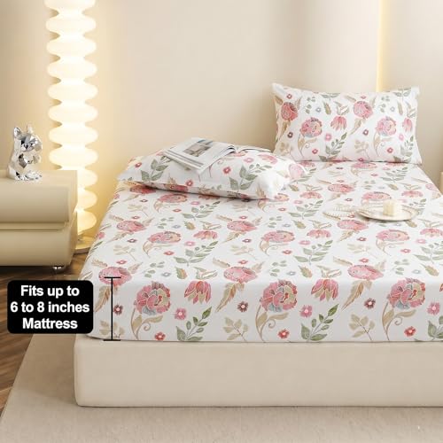 Image of IVAZA Ezyption Cotton Super Soft 240 TC Elastic Fitted All Around Elastic Printed King Size Double Bed Bedsheet with 2 Pillow Cover 72 inch X 78 inch3 White Green