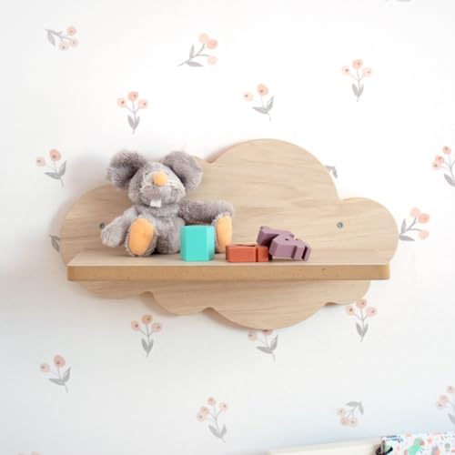 Bainba - Étagère Murale Nuage en Bois pour Chambre bébé et Enfant - 39 cm - Finition MDF Bouleau/Bois Naturel