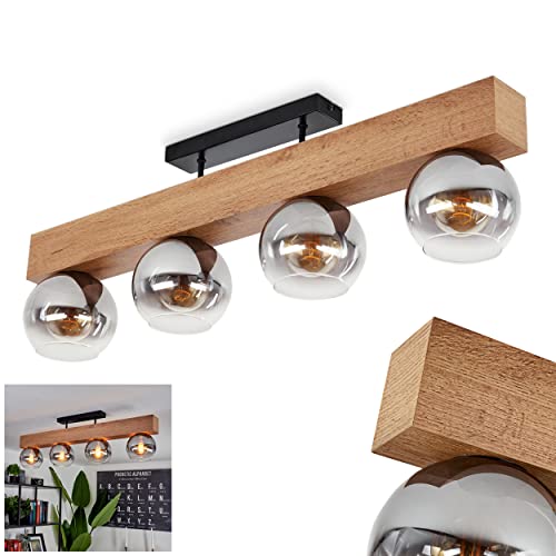 Plafonnier moderne noir et bois Vouhet avec 4 abat-jours en verre fumé E27