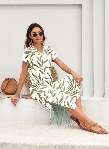 Image of MISFAY Womens Maxi Dress Short Sleeve V Neck Loose with Pockets | Soft stretchy breathable, v neck loose fit, side split hem, two side pockets, casual daily beach vacation travel dress