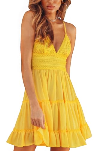 Image of ebossy Women's Sexy Boho V Neck Sleeveless Backless Lace Swing Mini Dress Spaghetti Straps Beach Vacation Sundress (S, Yellow)