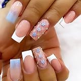 Summer 24 Pcs Press on Nails Medium,White French Light Blue Ombre Fake Nails Blue Floral Check False