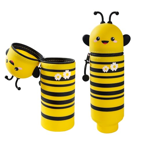 HuaMuDM 2-in-1 Weiche Silikontasche,Cartoon Federmäppchen,Stand Up Federmäppchen,Tier Stifthalter,mäppchen,Stifte Mäppchen,Niedliche Schulbedarf Mädchen Junge (Kleine Biene)