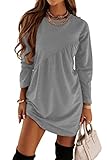 PRETTYGARDEN Women's Long Sleeve Mini Tunic Dress Casual Crewneck Loose Flowy Shift Ruched Dresses (Grey,Large)