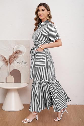 Image of utcoco Women's 2026 Summer Casual Striped Button Down Maxi Dress Tie Waist Short Sleeve Shirt Dress with Pockets