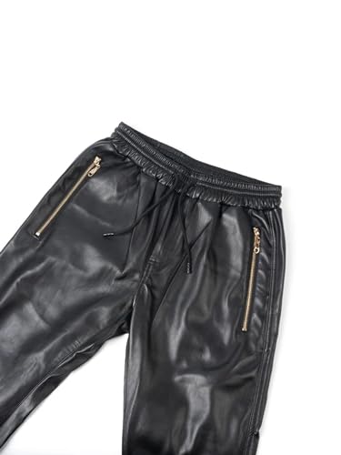 Men`s Black Soft Elastic Waist Faux Leather Pants with Drawstring4