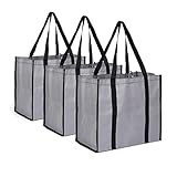 LONGTEAM 3er-Pack große, wiederverwendbare faltbare Einkaufstasche, faltbar, waschbar und leicht, Einkaufstasche mit verstärkten Griffen, grau, X-Large