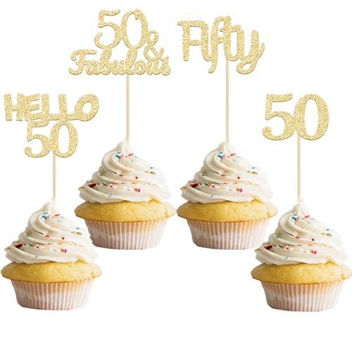 Gyufise 24Pcs Gold Glitter 50th Birthday Cupcake Toppers 50 & Fabulous Cake Decorations Hello 50 Fifty Cupcake Picks 50th Birthday Cake Decorations Supplies