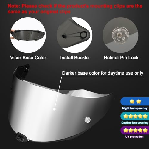 Image of PSLER Shatterproof Motorcycle Helmet Visor for KYT R2R,Silver | Impact-Resistant ,UV400 Protection, Motorcycle Tinted Face Shield for KYT R2R,Visor Replacement