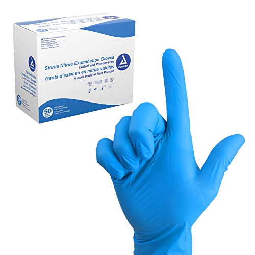 Dynarex Sterile Nitrile Examination Gloves, Powder Free, Size Large, 50 Pairs, Blue, Large