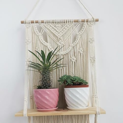 Étagère murale bohème macramé suspension bois blanc pour salon - 7