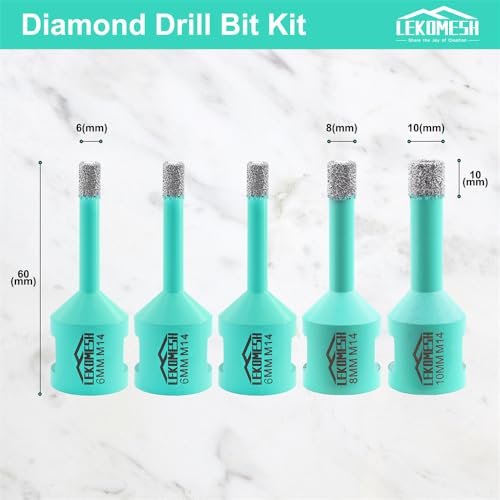 LEKOMESH Diamond Tile Drill Bits - 5pc 6/6/6/8/10MM Hole Saw Cutter for Porcelain Ceramic Marble Granite Stone Quartz M14 Thread - Image 2