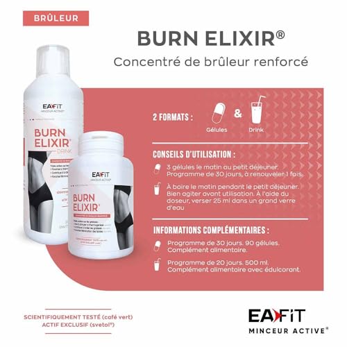EAFIT MINCEUR - Burn Elixir - Bruleur de graisse puissant - Oxydation des Graisses - Cafeine - Piment - Poivre noir - Chrome - Choline - Thé vert - Adapté au sport - Marque Française - Végétarien - 90 Gélules – Image 5
