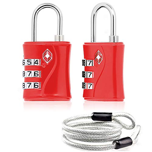 Aspen TSA Candados Combinacion para Maletas Equipaje Candados de Seguridad Candados Viaje (Rojo) con Cable de Bloqueo,Fácil de Instalar, Cuerpo de aleación de Zinc