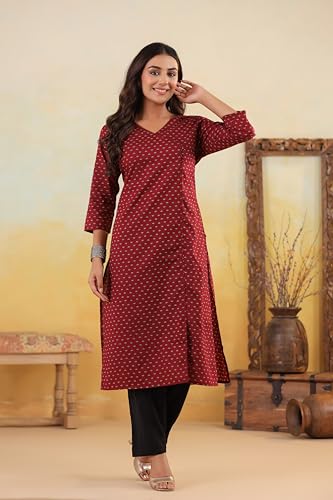 Image of Ichaa Women's Cotton Kurta | Printed Straight Kurta | V-Neck, 3 /4th Sleeve, Ethnic Wear