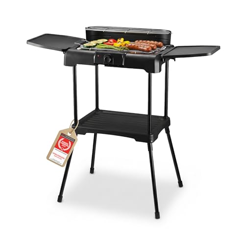 TZS First Austria - Elektro Standgrill 2200W - 2-in-1 Tischgrill mit Windschutz - Stufenloser Hitzeregler - Rauchfreies Grillen mit 2 Seitentischen - Balkon & Tischgrill - Schwarz