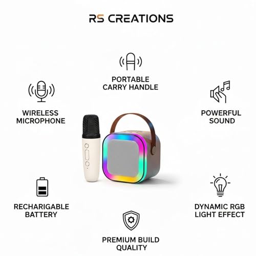 Image of Portable Bluetooth Karaoke Speaker with Wireless Microphone RGB Light Rechargeable Battery Compact Party Music System with Carry Handle Travel Toy