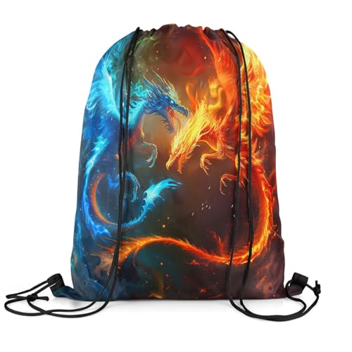 Castle Fairy Western Dragon Drawstring Backpack Blue Orange Red Fighting Animals Gym Sports Cinch Bag Sackpack for Women Men Watercolor Wildlife Magical Style Drawstring Bag for Yoga 13"x16"3