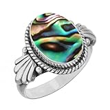 Jeweloporium Anillo de concha de abulón multicolor bañado en plata, talla 12, anillo de plata .925 para mujer, joyería bohemia con piedras preciosas ovaladas auténticas
