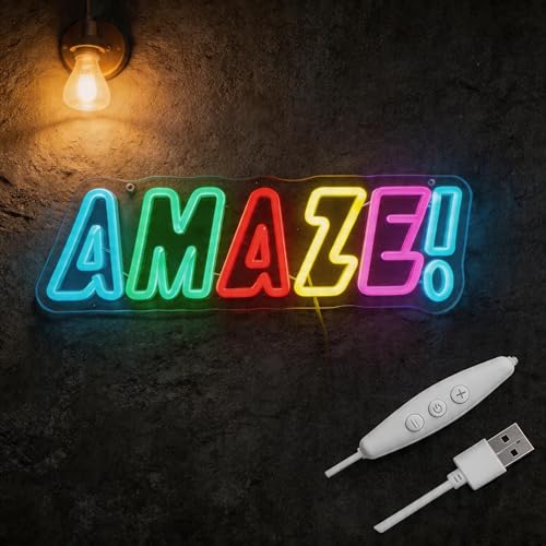 Image of AMAZE! Neon Sign, Rainbow LED, Multi-Color, 16.5x5.4 inchIN | Classroom Neon Sign ,USB Powered, Gamer Room Decor, Sci-Fi Fan Decor, Wall Art