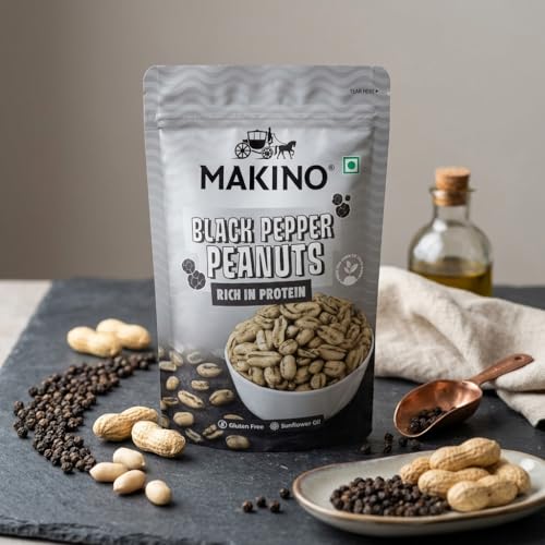 Image of Makino Black Pepper Roasted Peanuts | 140gm Pack of 4| Chatpata & Tasty Roasted Peanut Snack | High Protein, Gluten Free, Zero Cholesterol & Trans Fat | Crispy Crunchy Namkeen | Fiber Rich