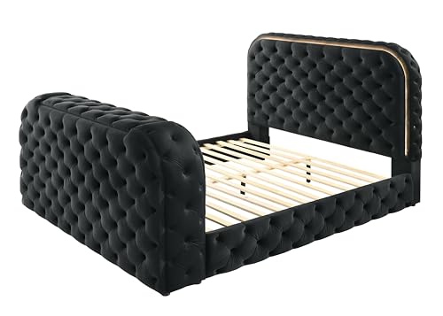 Acme Kana Velvet Fabric Upholstered Eastern King Bed with LED in Black