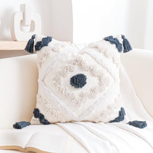 NUYECY Decorative Farmhouse Throw Pillow Covers 18 x 18,Modern Neutral Couch Pillow Cover,Cotton Checked Pattern Boho Square Pillow Case Cover for Couch Bed Sofa Bedroom,Blue&Beige&White