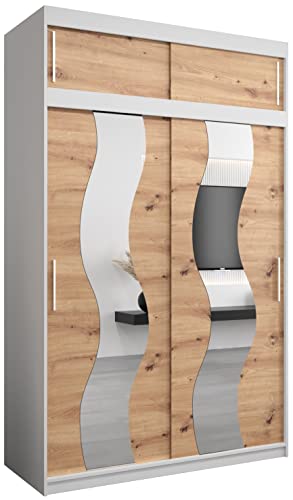 MEBLE KRYSPOL Sewilla 150 Schlafzimmerschrank mit Zwei Schiebetüren, Spiegel, Kleiderstange und Regalen – 150x240x62cm - Mattweiß + Artisan mit Verlängerung